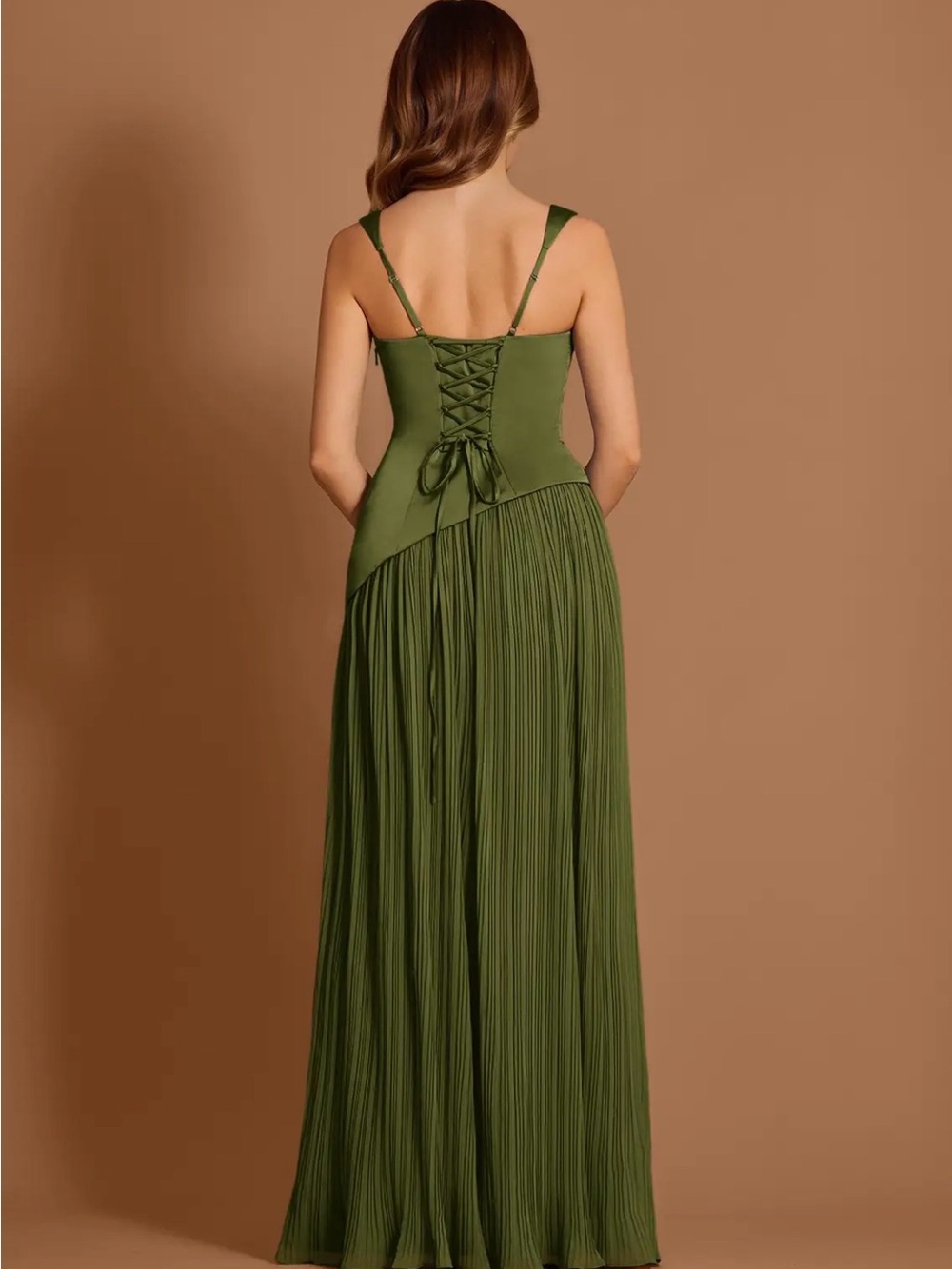 Azazie Olive Green Pleated Maxi Gown with High Slit - Picture 2 of 3